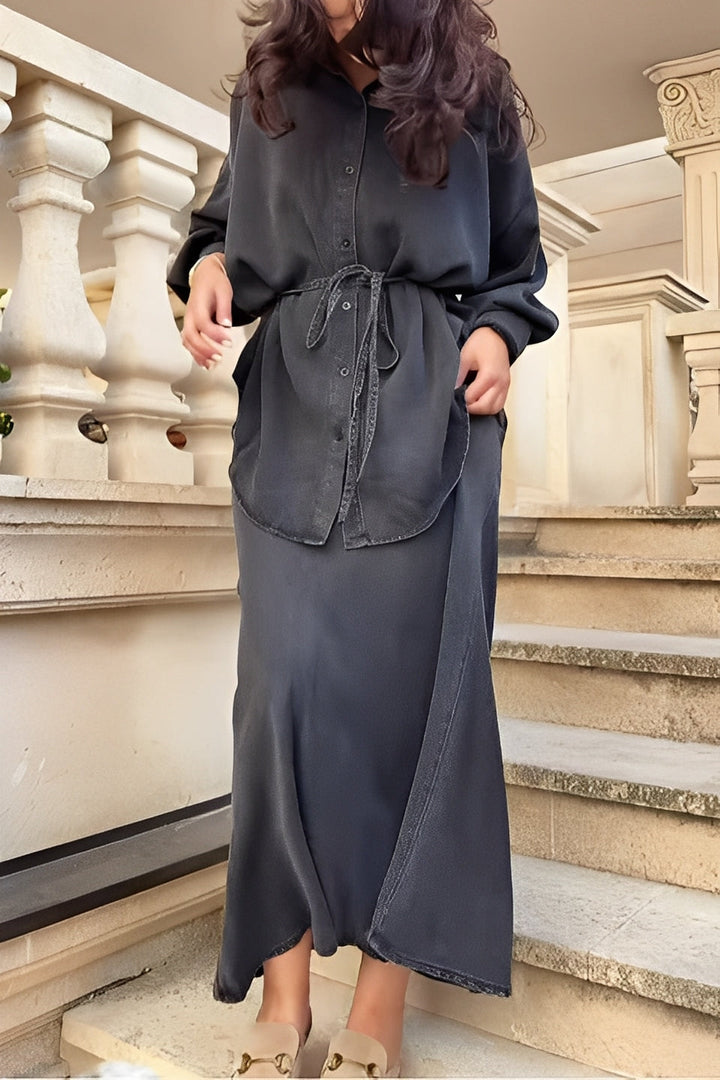 Evelore | Long-Sleeved Tie-Drawstring Shirt & Skirt Set - Effortless Style, Everyday Confidence