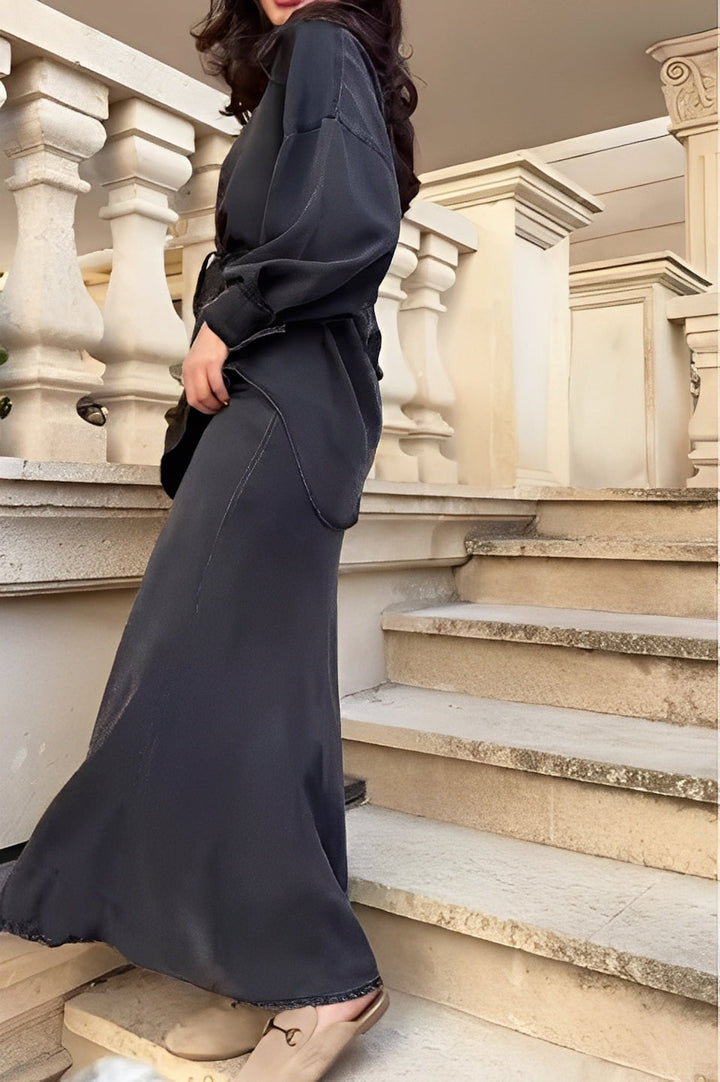 Evelore | Long-Sleeved Tie-Drawstring Shirt & Skirt Set - Effortless Style, Everyday Confidence