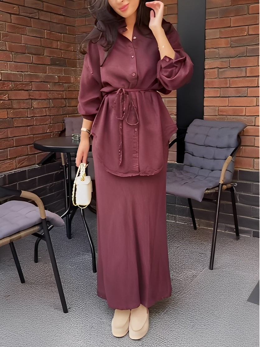 Evelore | Long-Sleeved Tie-Drawstring Shirt & Skirt Set - Effortless Style, Everyday Confidence