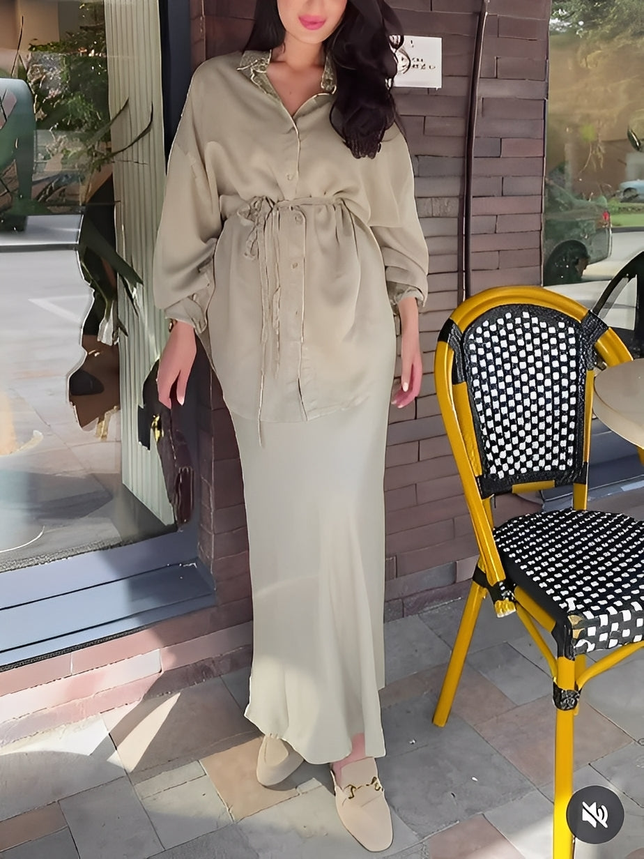 Evelore | Long-Sleeved Tie-Drawstring Shirt & Skirt Set - Effortless Style, Everyday Confidence