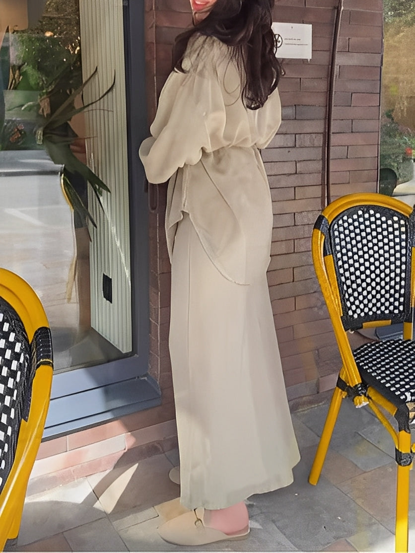 Evelore | Long-Sleeved Tie-Drawstring Shirt & Skirt Set - Effortless Style, Everyday Confidence